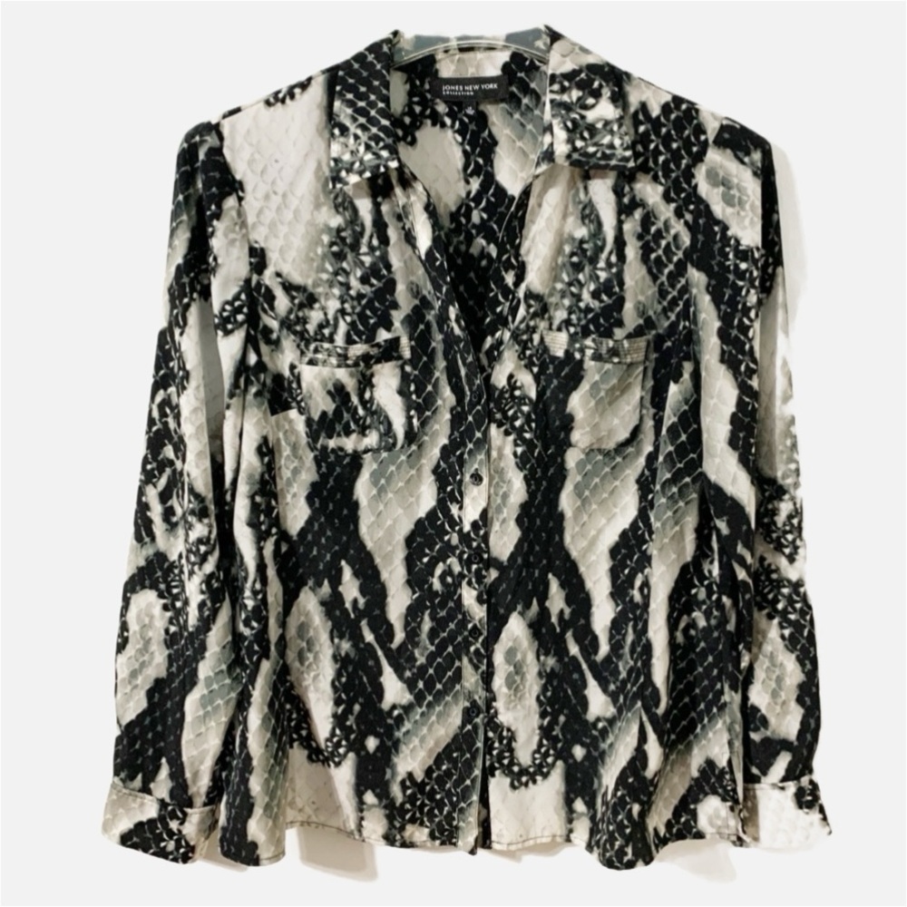 Jones New York Collect Long Sleeve Python Print Button Up Blouse Pointed Collar